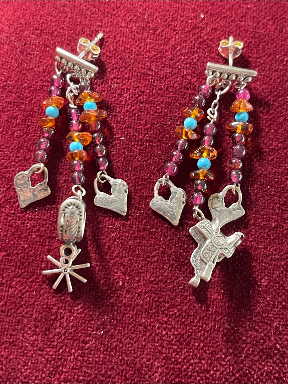 Handmade Sterling Silver, Turquoise, Garnet and Amber Earrings